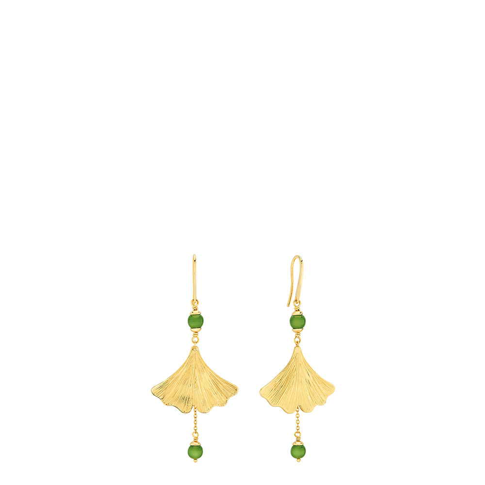 Lalique Ginkgo Large Earrings Pair, Gold and Antinea Green Crystal, French Hook